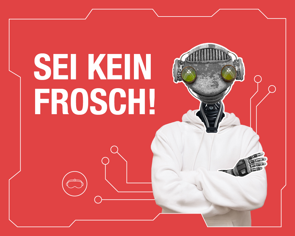 Grafisches Motiv eines stilisierten Froschs auf rotem Hintergrund mit dem Slogan „Sei kein Frosch“ – ein auffälliges Visual aus der Berufsinfo-Kampagne eines Kunden aus der Elektrobranche.